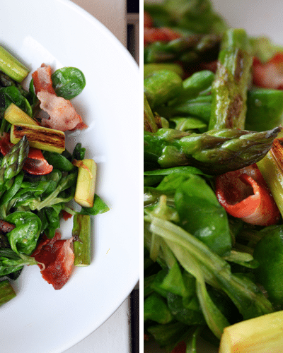 Grüner Spargel mit Bacon und Feldsalat