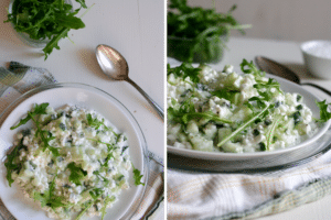 Hüttenkäse mit Gurke, Rucola und Limette