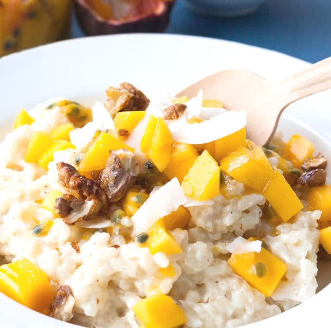 Bestes Milchreis Grundrezept + Mango-Maracuja-Obstsalat mit Walnuss-Crunch