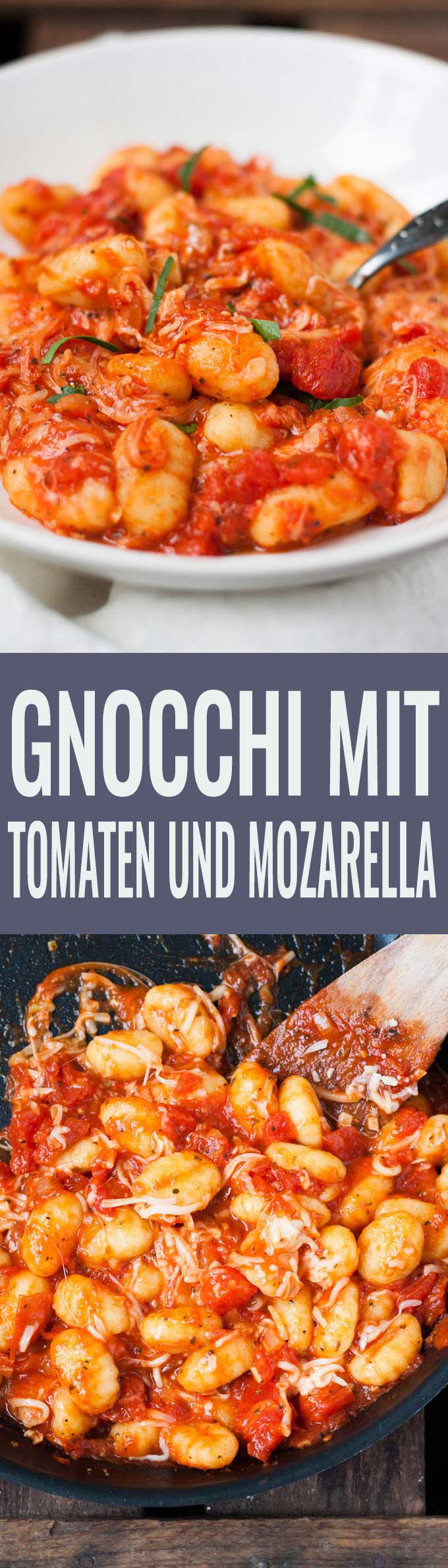 Gnocchi mit Tomatensauce und Mozzarella. Dieses Rezept dauert 15 Minuten, ist einfach und UNGLAUBLICH gut - Kochkarussell.com