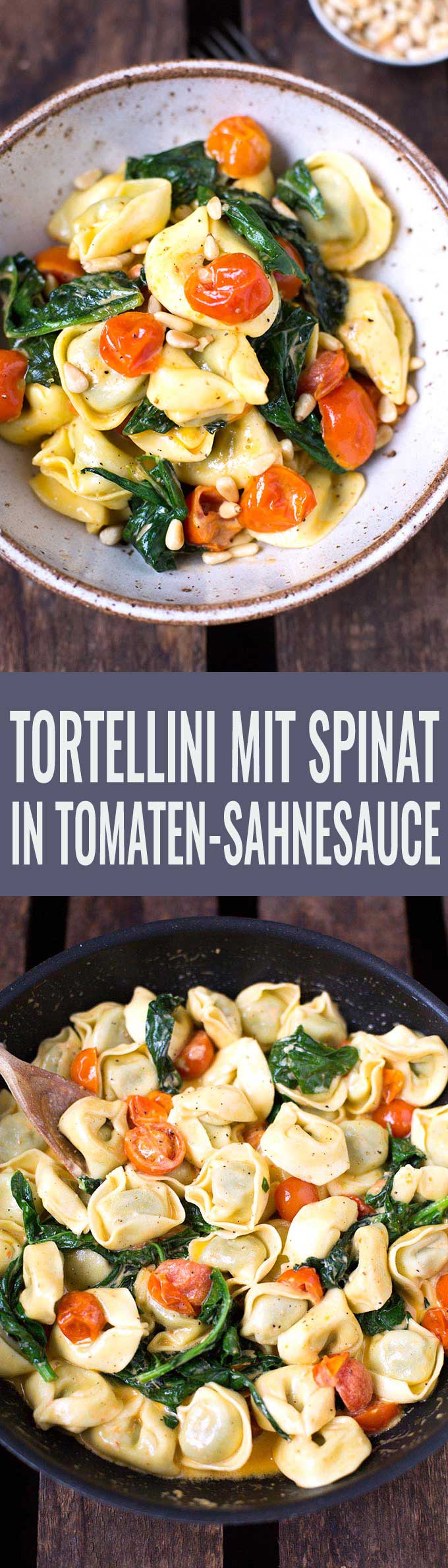 Tortellini mit Tomaten-Sahnesauce und Spinat. Dieses 8-Zutaten Rezept ist einfach, in 20 Minuten fertig und SO gut - Kochkarussell.com