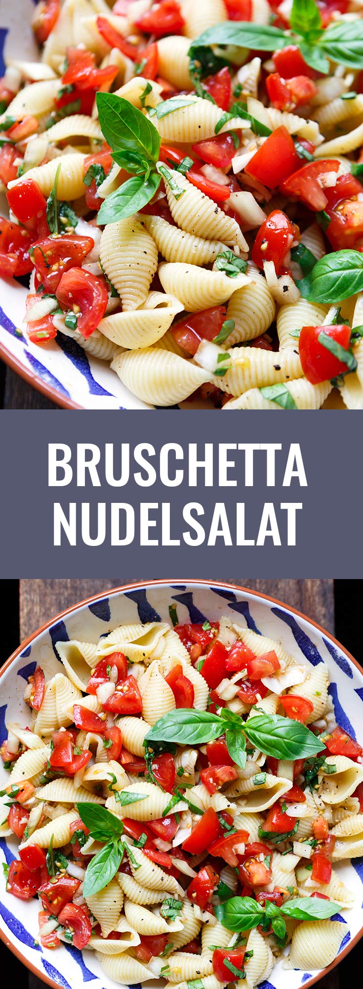 Bruschetta Nudelsalat. Dieses 7-Zutaten Rezept ist super einfach und perfekt für Picknick und Grillen - Kochkarussell.com