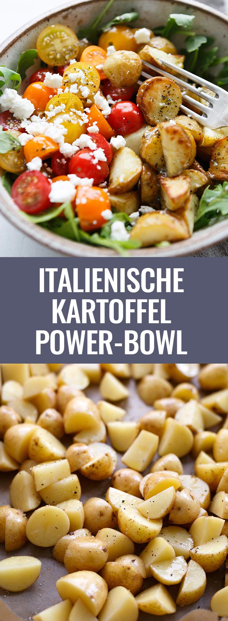 Italienische Kartoffel Power Bowl mit Knoblauch-Olivenöl Dressing. Dieses einfache Rezept ist vollgepackt mit Rucola, Tomaten, Feta und cremigstem Dressing. Mega gut! - Kochkarussell.com