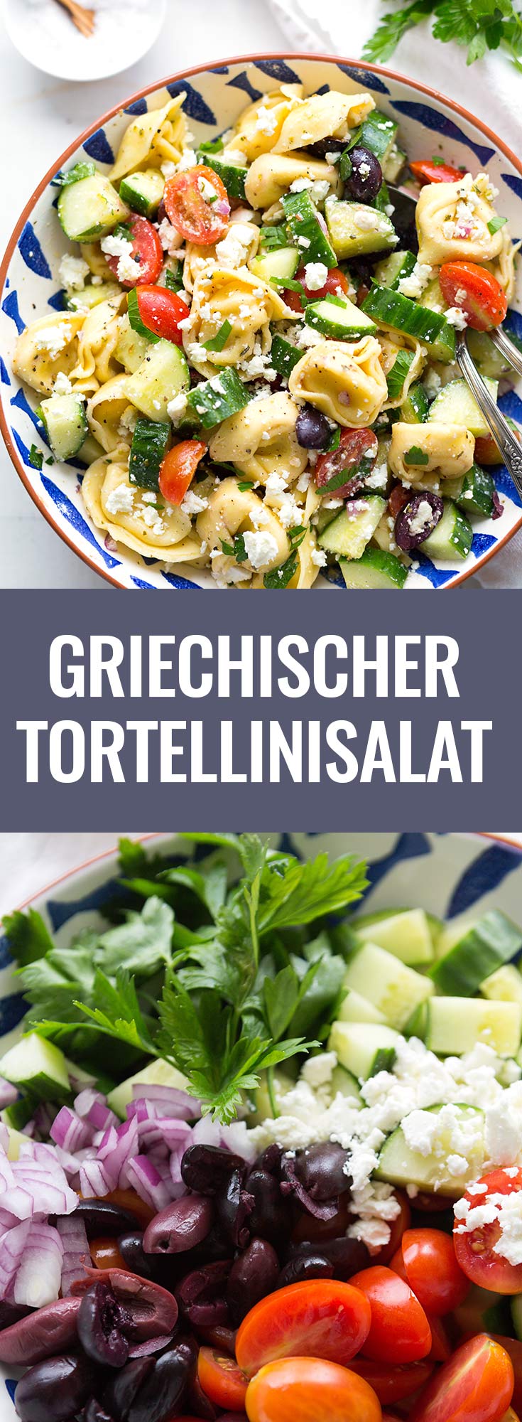 Griechischer Tortellinisalat mit Tomaten, Gurken, Oliven, Feta und Käse-Tortellini. Dieser einfache Sommersalat ist perfekt für Picknick und Grillfest - Kochkarussell.com 