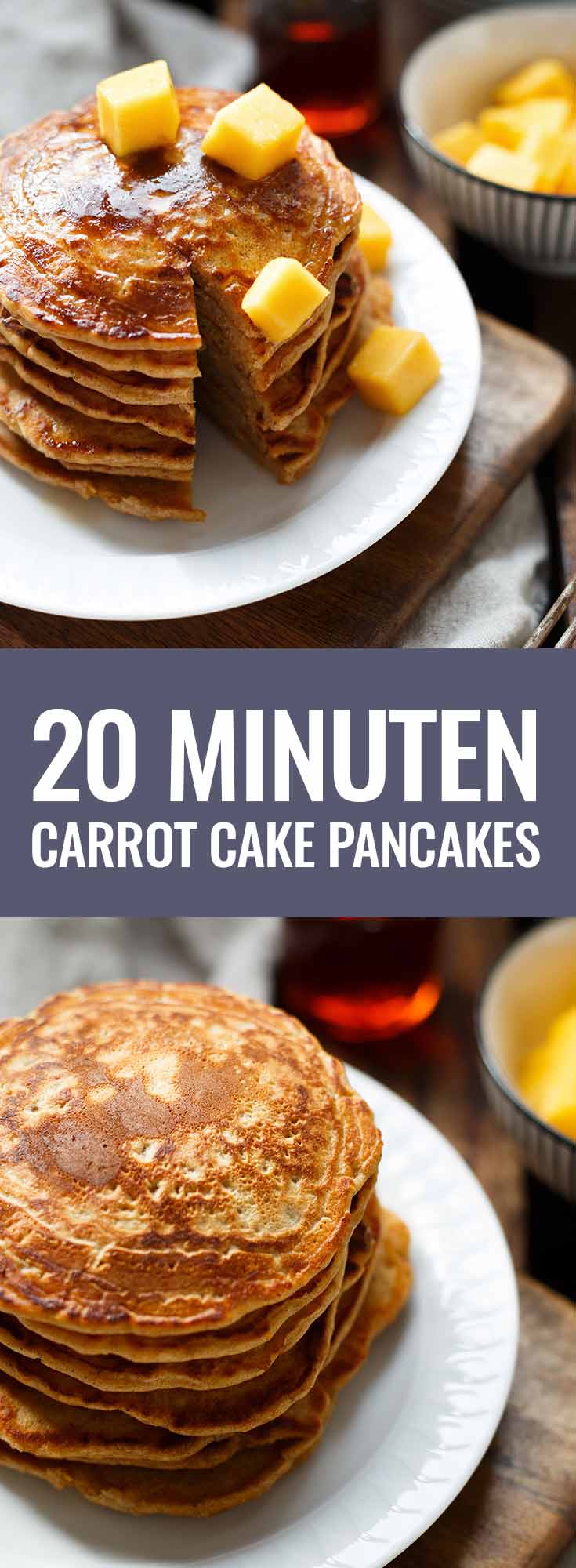 Herrlich fluffige Carrot Cake Pancakes! Dieses 9-Zutaten Rezept ist super einfach und SO lecker. - Kochkarussell.com #pancakes #ostern #brunch