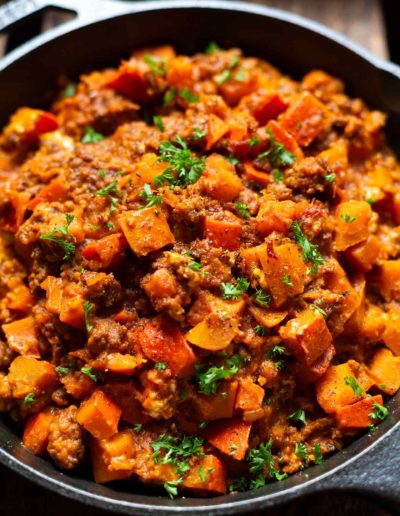 Kürbis-Hackfleisch-Pfanne mit Feta