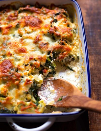 Maultaschen-Auflauf mit Spinat und Feta