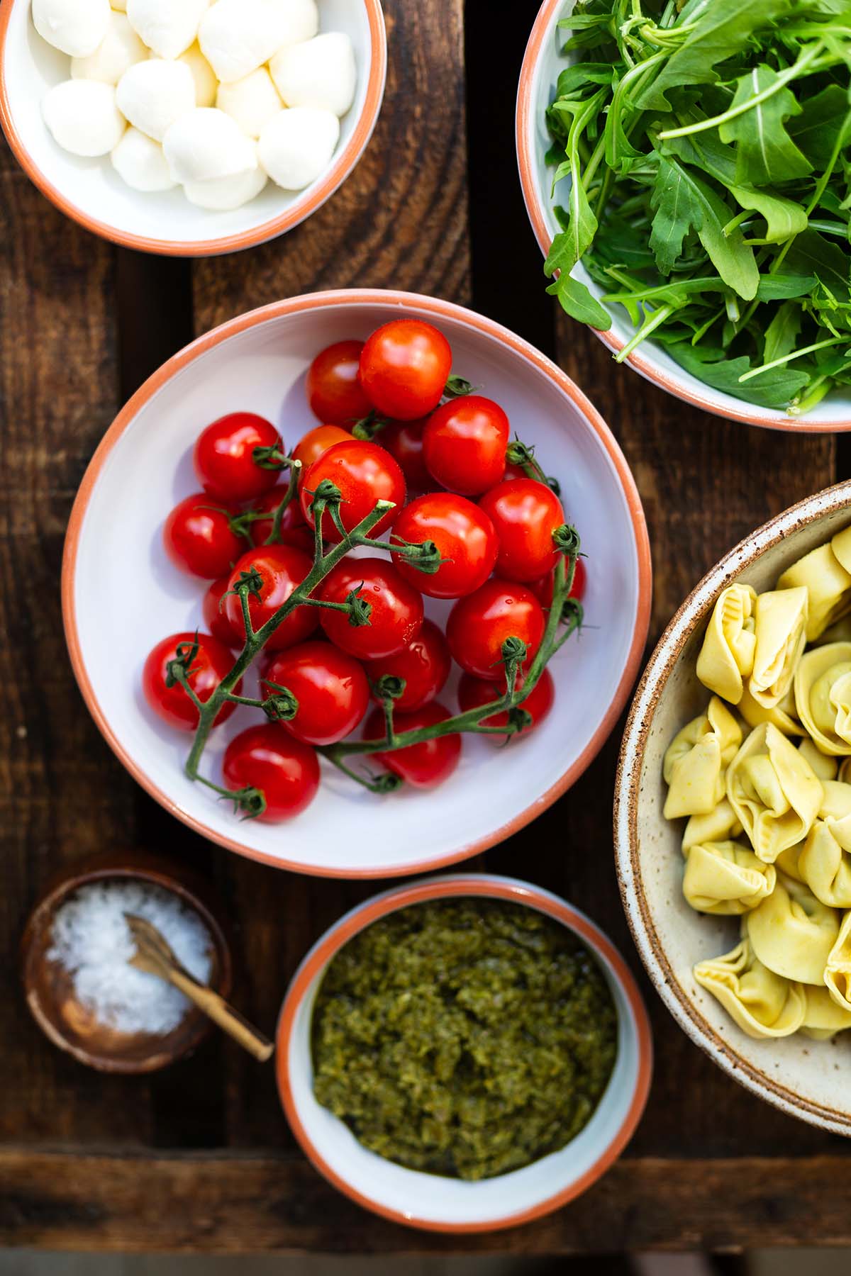 Alle Zutaten für den Tortellini-Salat mit Pesto einzeln verteilt in Schüsseln auf dunkelm Holzuntergrund.
Zu sehen sind: Cherrytomaten, Rukola, Mozzarella-Kügelchen, grünes Pesto, Tortellini und Salz.