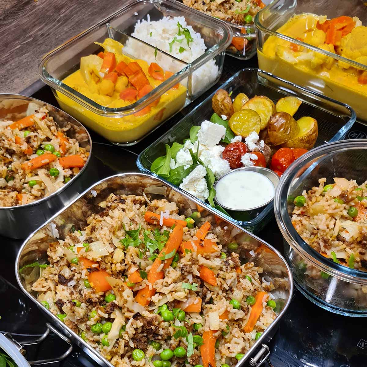 Meal Prep Dosen gefüllt mit Frühlingsrollen Bratreis, Curry und einer Bowl mit Kartoffeln, Tomaten und Feta