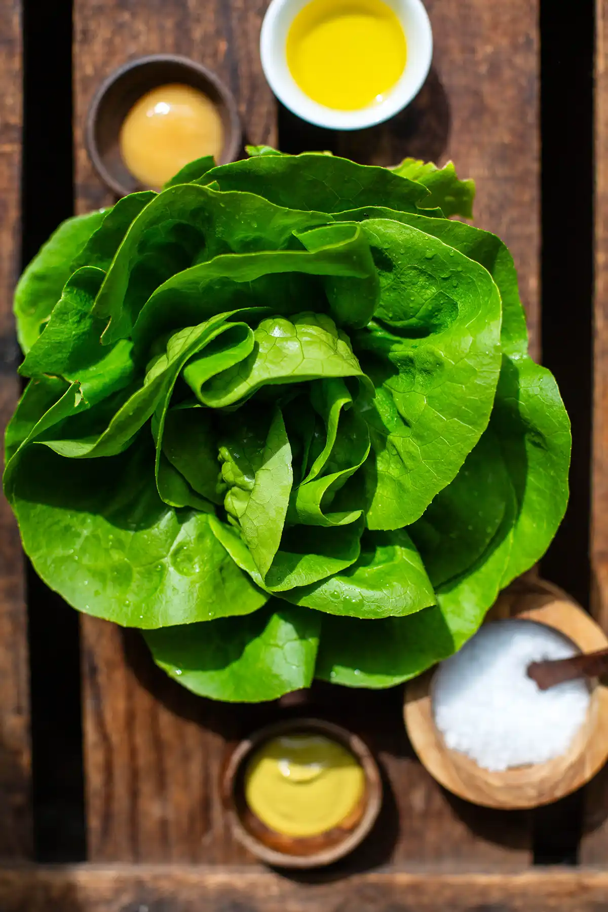 Die Zutaten für den schnellen Beilagensalat: Ein frischer Salatkopf neben Essig, Öl, Honig und Senf 