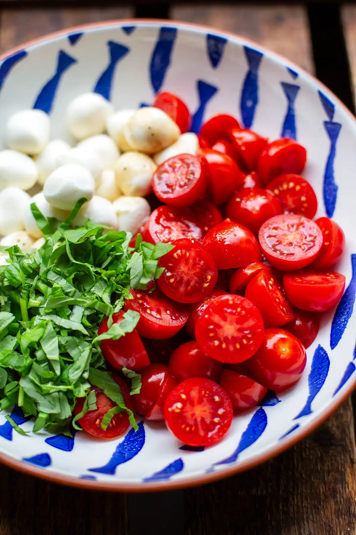 Tomaten, Mozzarella und Basilikum in einer Schüssel