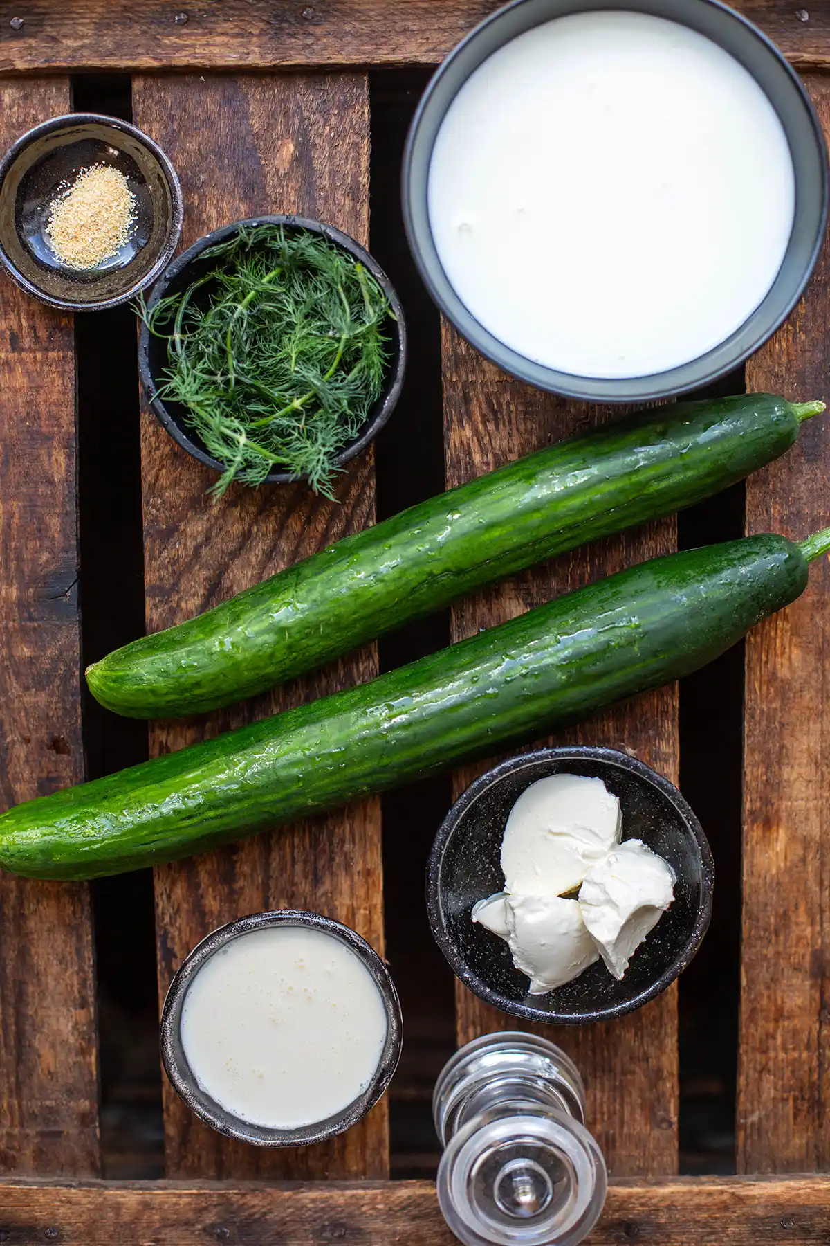 Die einfachen Zutaten für die Gurkensuppe auf einen Blick: Gurken, Buttermilch, Schmand, Sahne und Kräuter